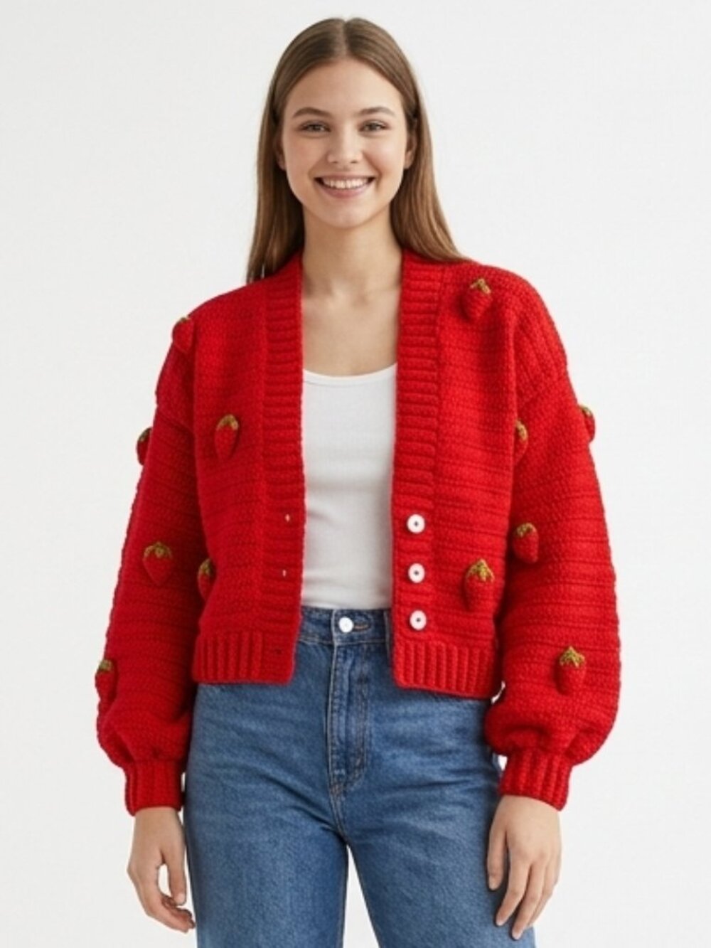 HandCrochet Bright Red Strawberry Cardigan 3D Fruit Applique Chunky Knit Sweater